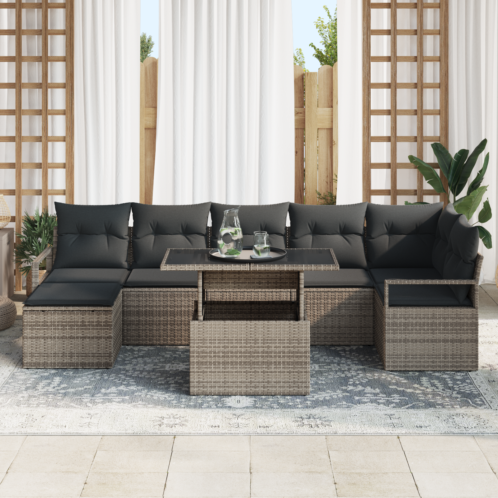 Set Divano da Giardino in 8 Pezzi con Cuscini Grigio Rattan Poliestere
