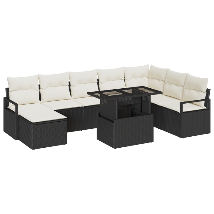 Set Divano Giardino 9 Pezzi con Cuscini Nero Polyrattan