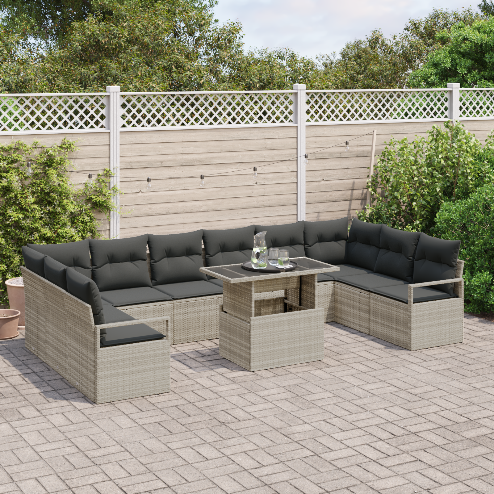 Set di Sofà da Giardino 11 Pezzi con Cuscini Grigio Chiaro Rattan Polimerico