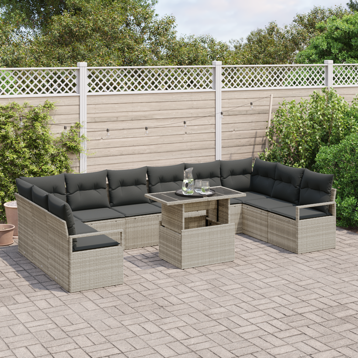 Set di Sofà da Giardino 11 Pezzi con Cuscini Grigio Chiaro Rattan Polimerico