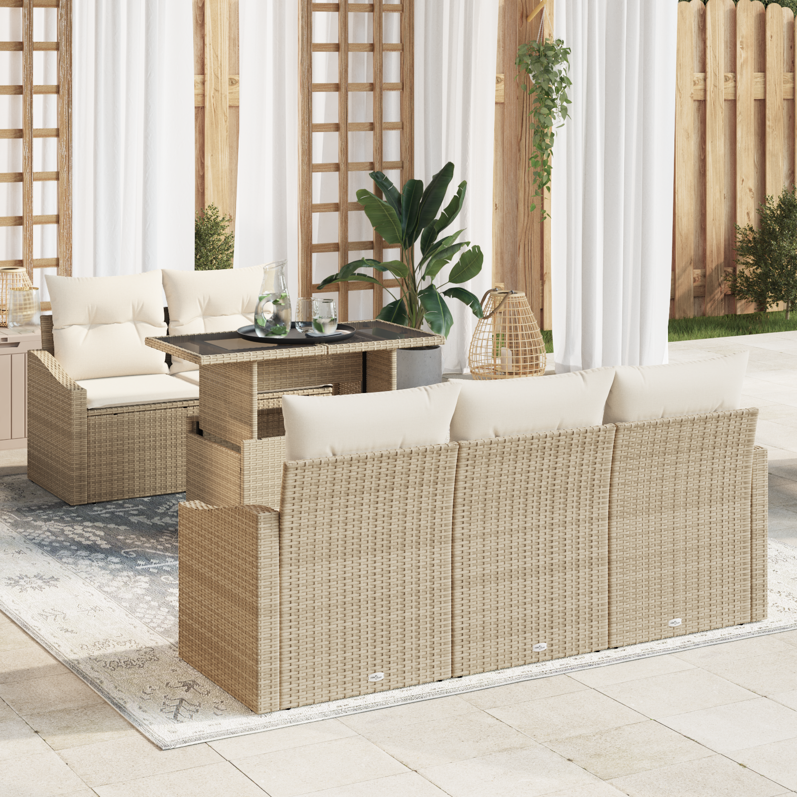Set Divano da Giardino da 6 Pezzi con Cuscini Beige Rattan Sintetico