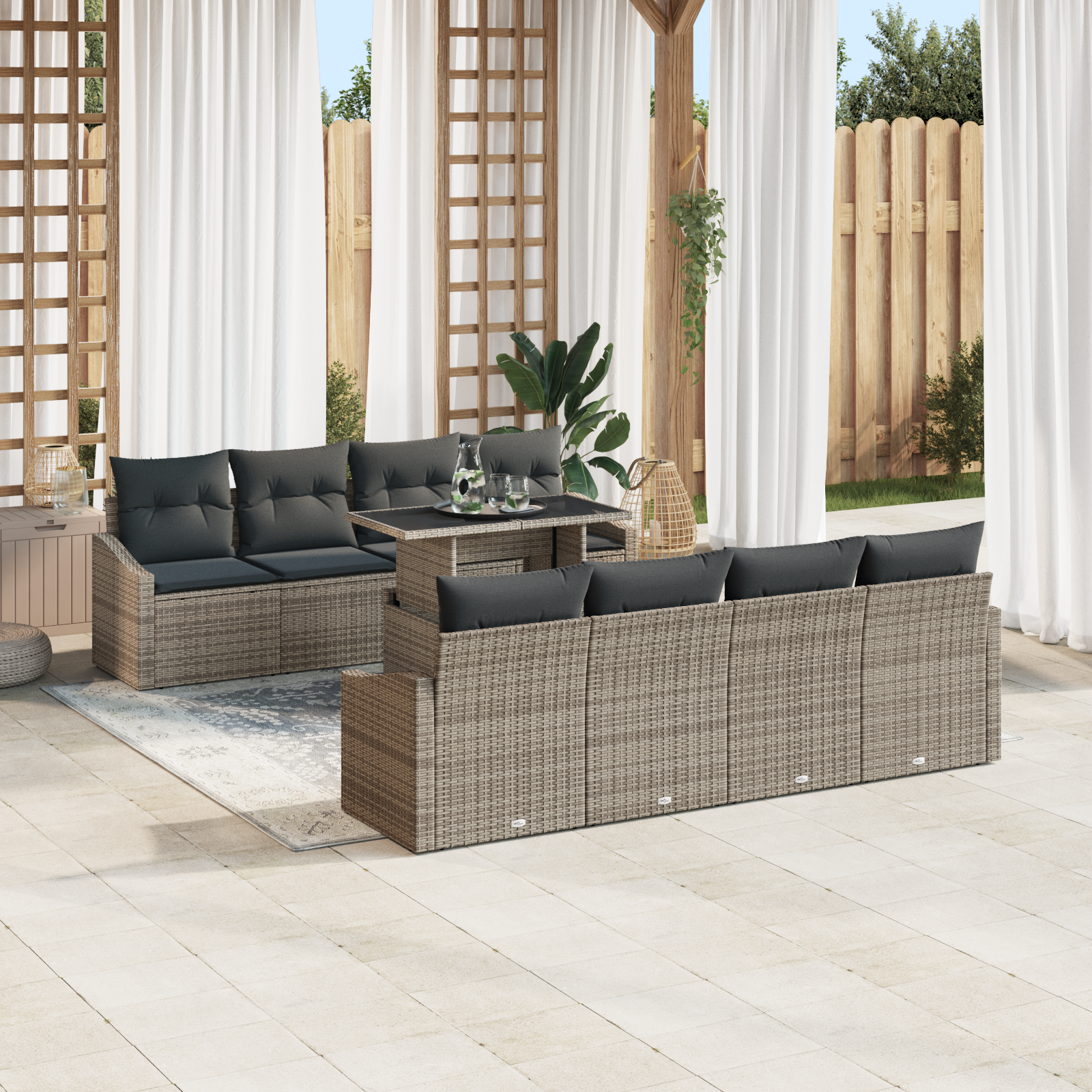 Set di sofà da giardino 9 pezzi con cuscini grigio rattan polietilene