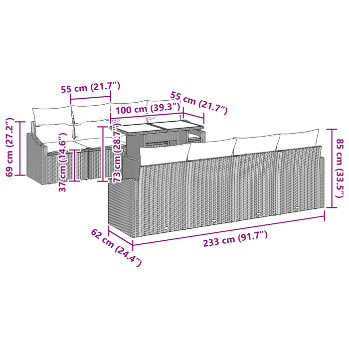 Set di sofà da giardino 9 pezzi con cuscini grigio rattan polietilene
