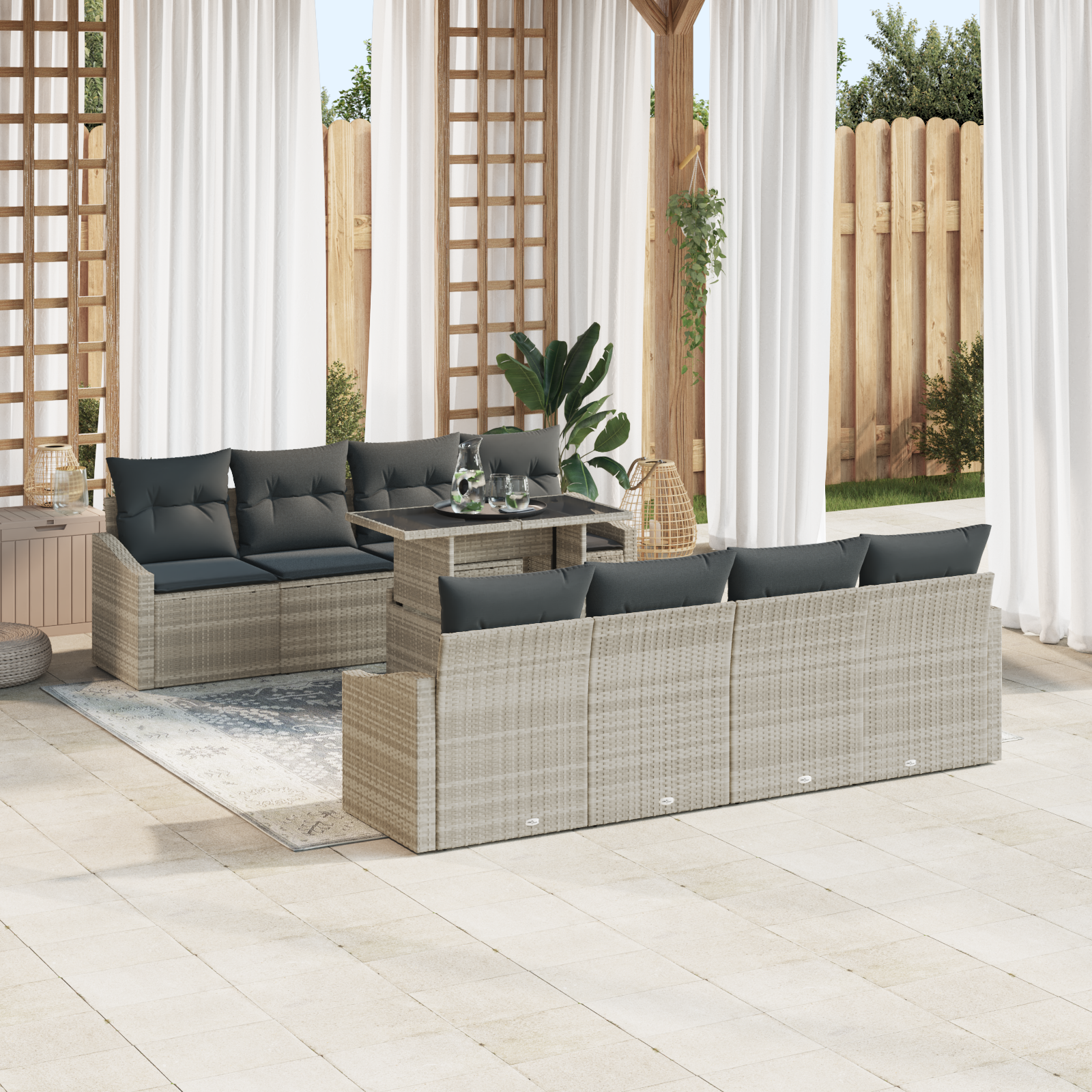 Set Divano da Giardino da 9 Pezzi con Cuscini Grigio Chiaro in Polyrattan