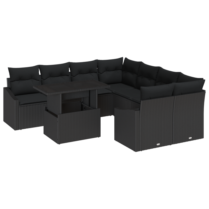Set divani da giardino 9 pezzi con cuscini Nero Polyrattan