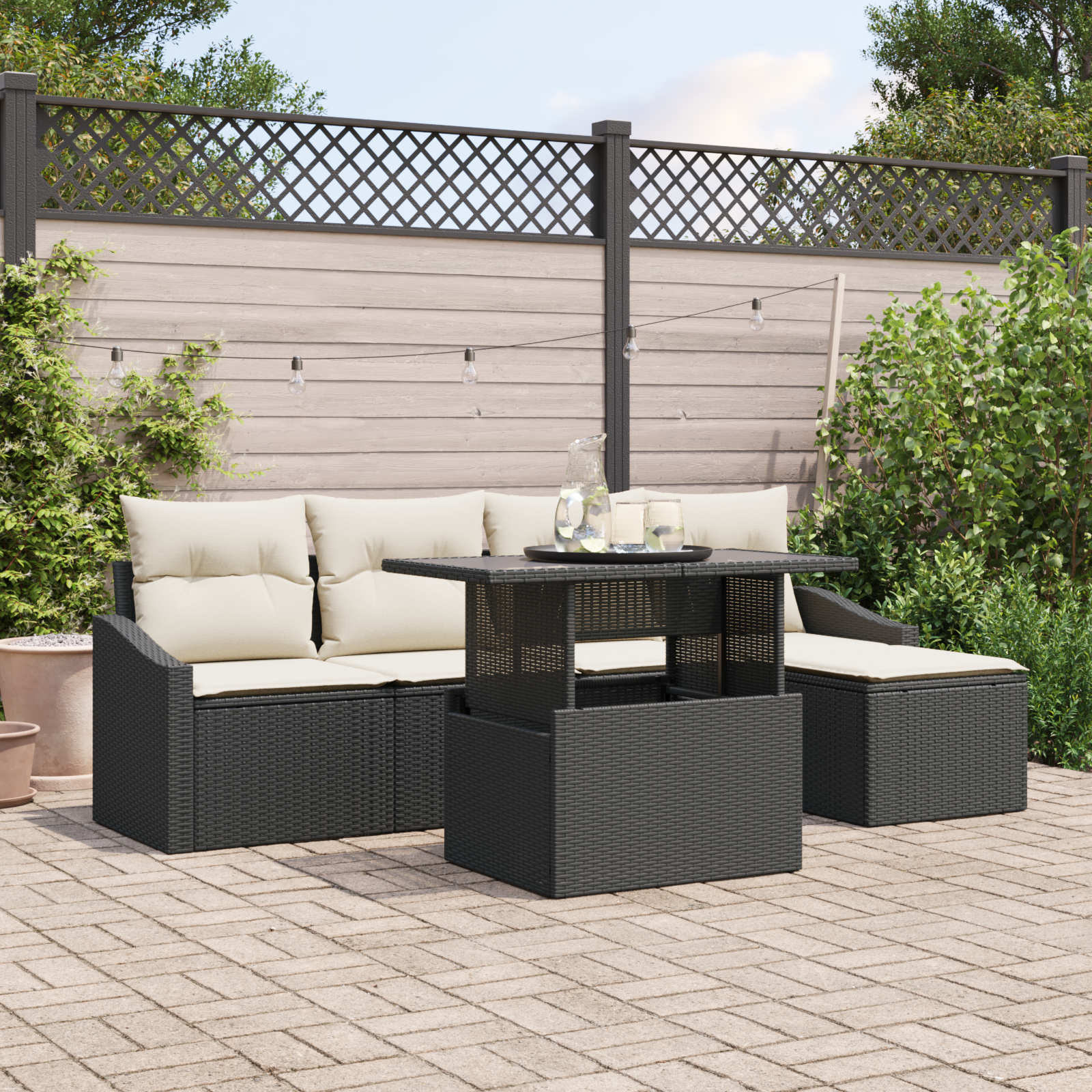 Set di divani da giardino a 6 pezzi con cuscini in polyrattan nero