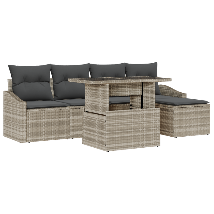 Set di divani da giardino a 6 pezzi con cuscini grigio chiaro in poly rattan