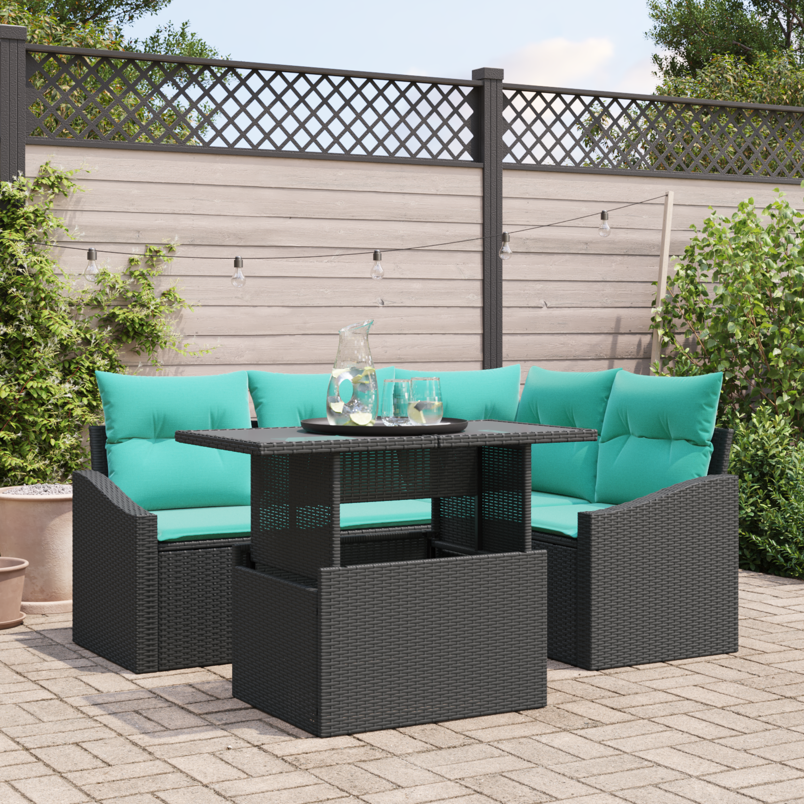 Set di divani da giardino da 6 pezzi con cuscini in rattan sintetico nero