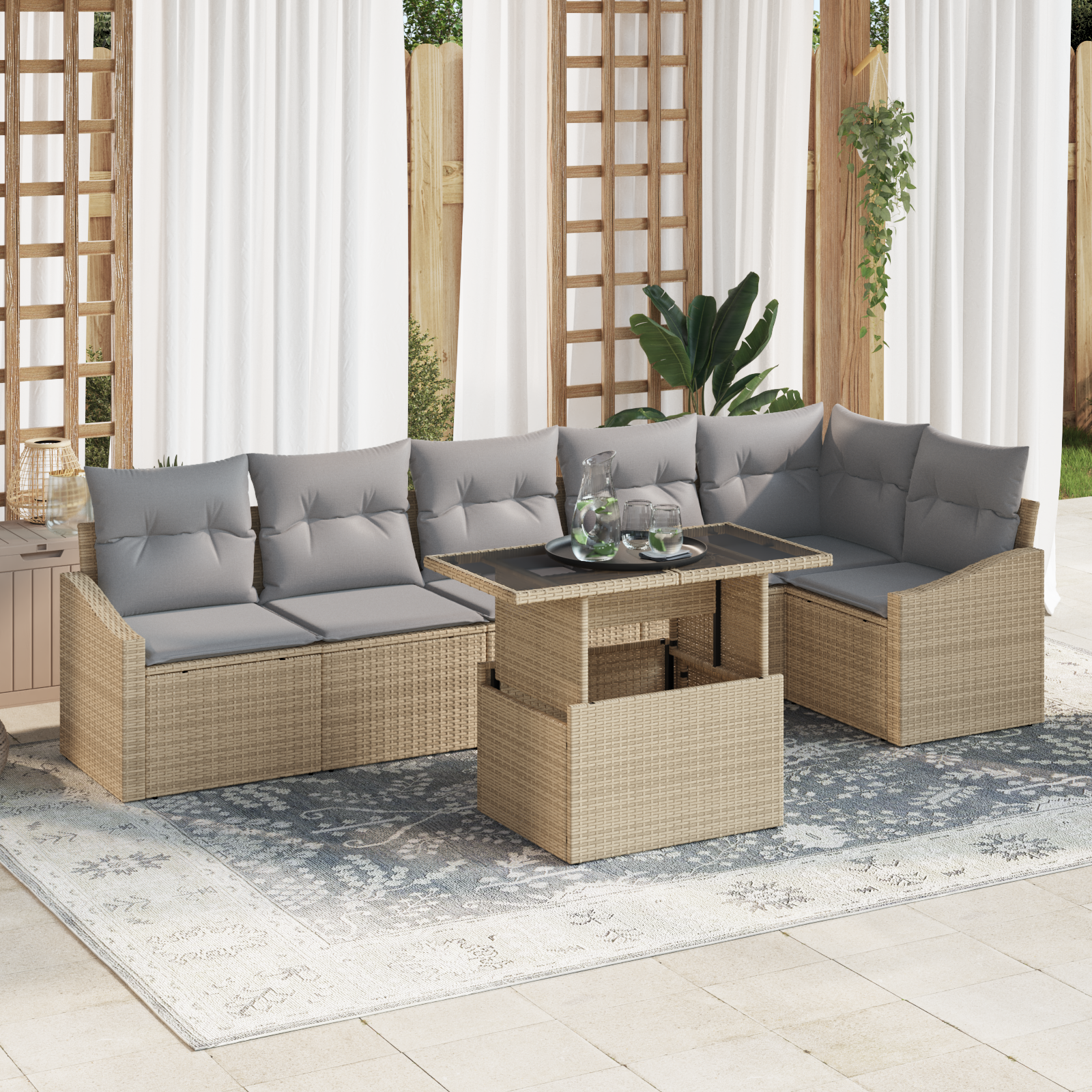 Set divano da giardino a 7 pezzi con cuscini beige polyrattan