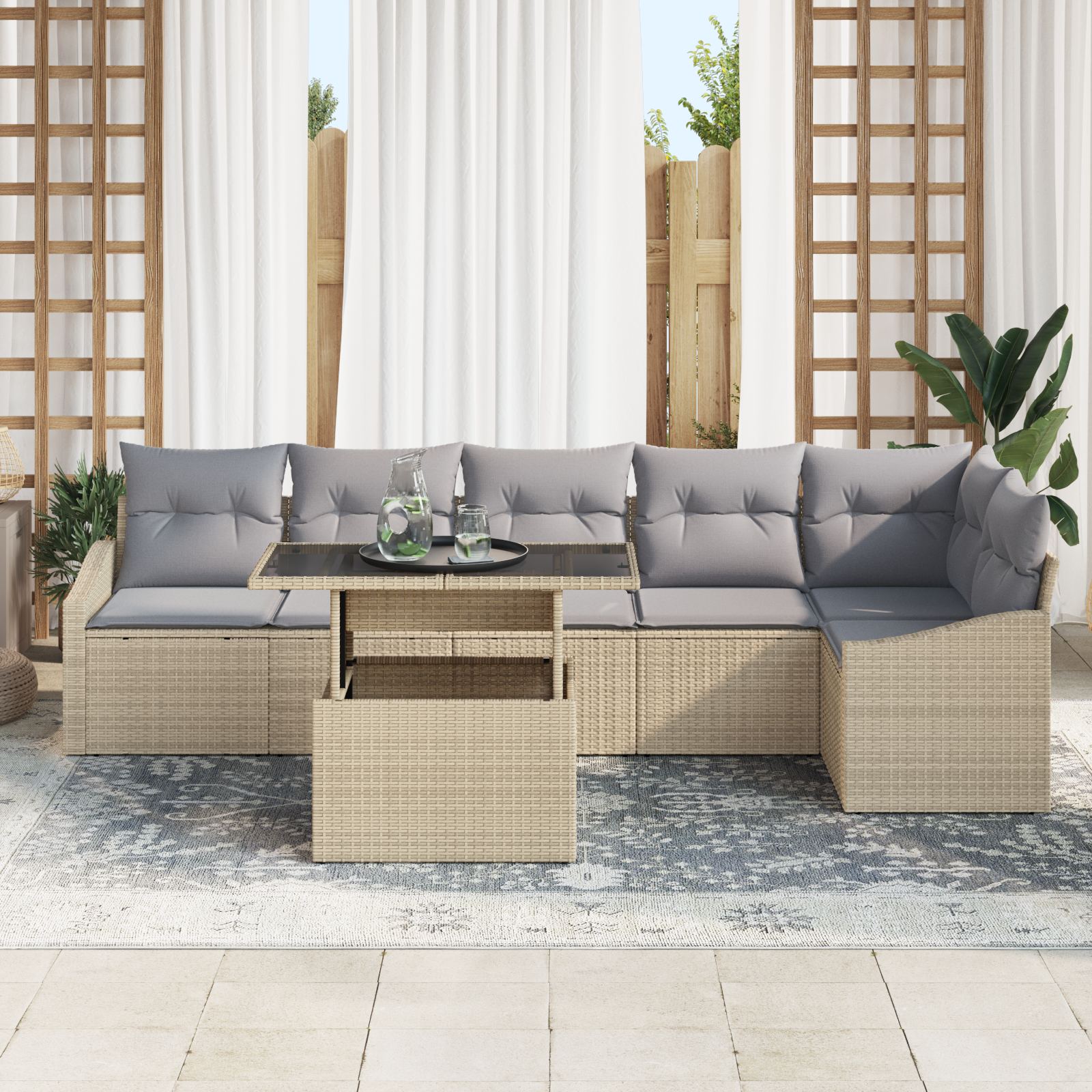 Set divano da giardino a 7 pezzi con cuscini beige polyrattan