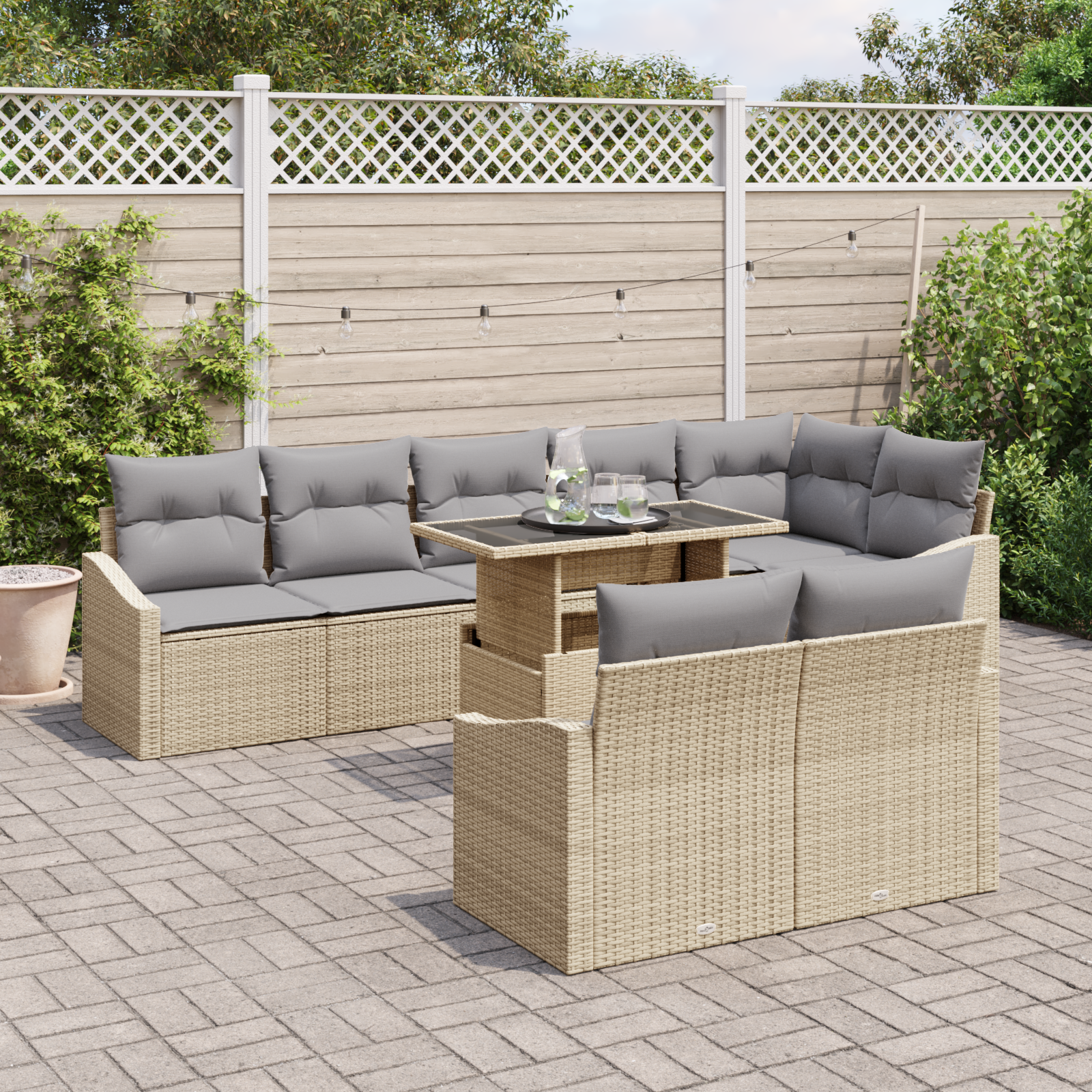 Set di divani da giardino da 9 pezzi con cuscini beige in polyrattan