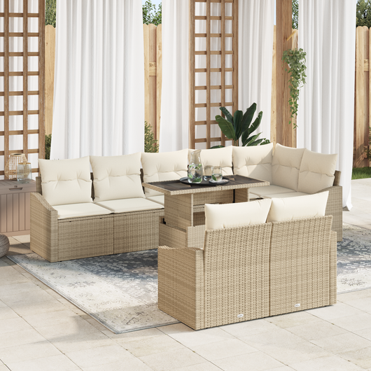 Set Divano da Giardino a 9 Pezzi con Cuscini Beige Rattan Polietilene