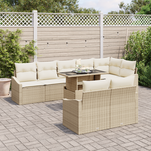 Set Divano da Giardino a 9 Pezzi con Cuscini Beige Rattan Polietilene