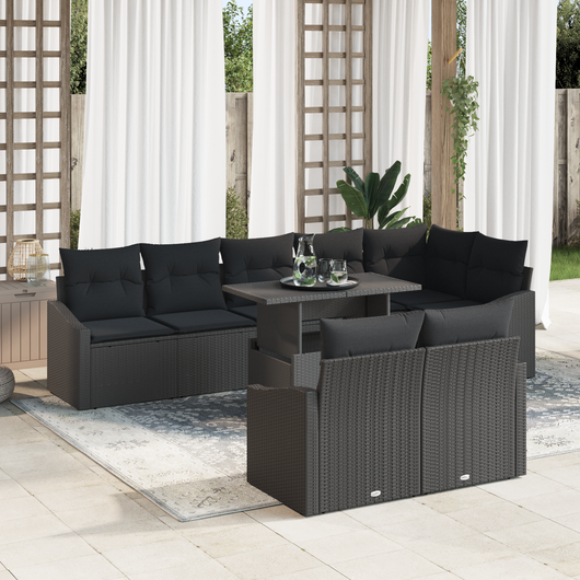 Set di Divani da Giardino da 9 Pezzi con Cuscini Nero Polyrattan