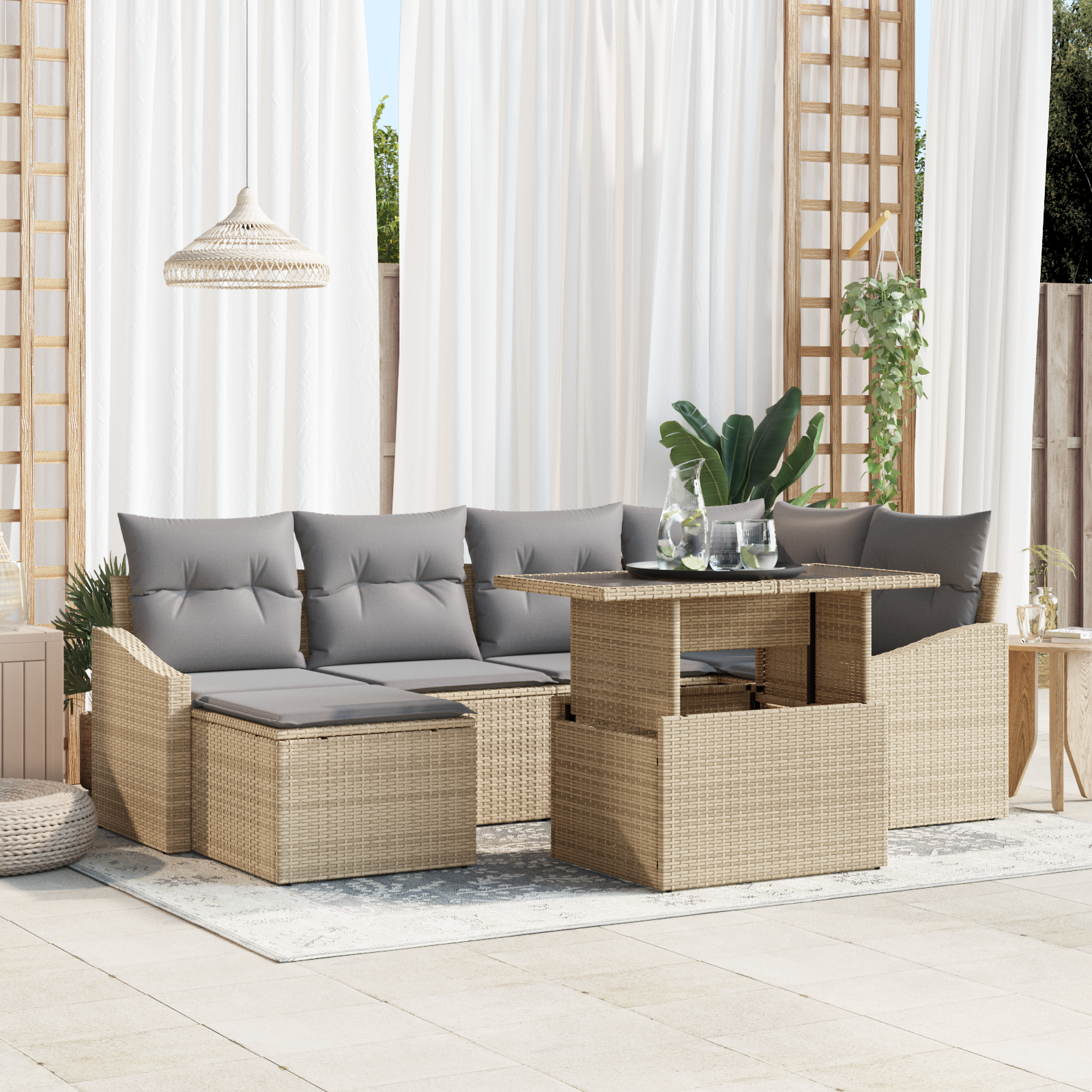 Set di Divano da Giardino 7 Pezzi con Cuscini Beige Polyrattan