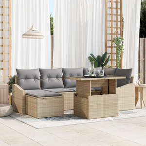 Set di Divano da Giardino 7 Pezzi con Cuscini Beige Polyrattan