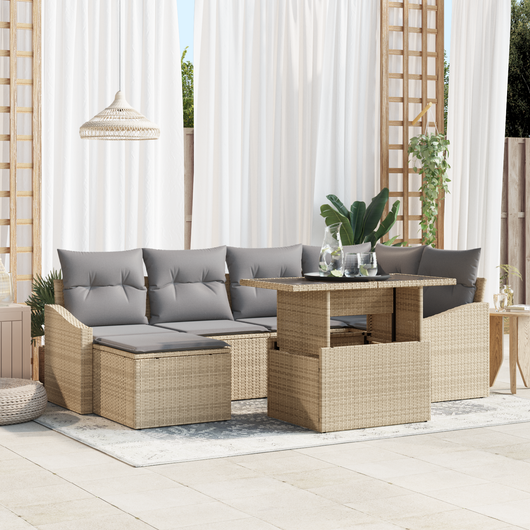 Set di Divano da Giardino 7 Pezzi con Cuscini Beige Polyrattan