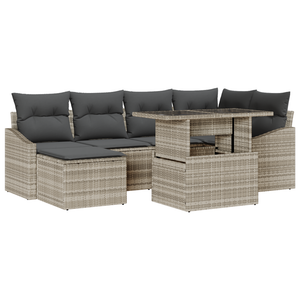 Set Divano da Giardino 7 Pezzi con Cuscini Grigio Chiaro in Rattan Sintetico