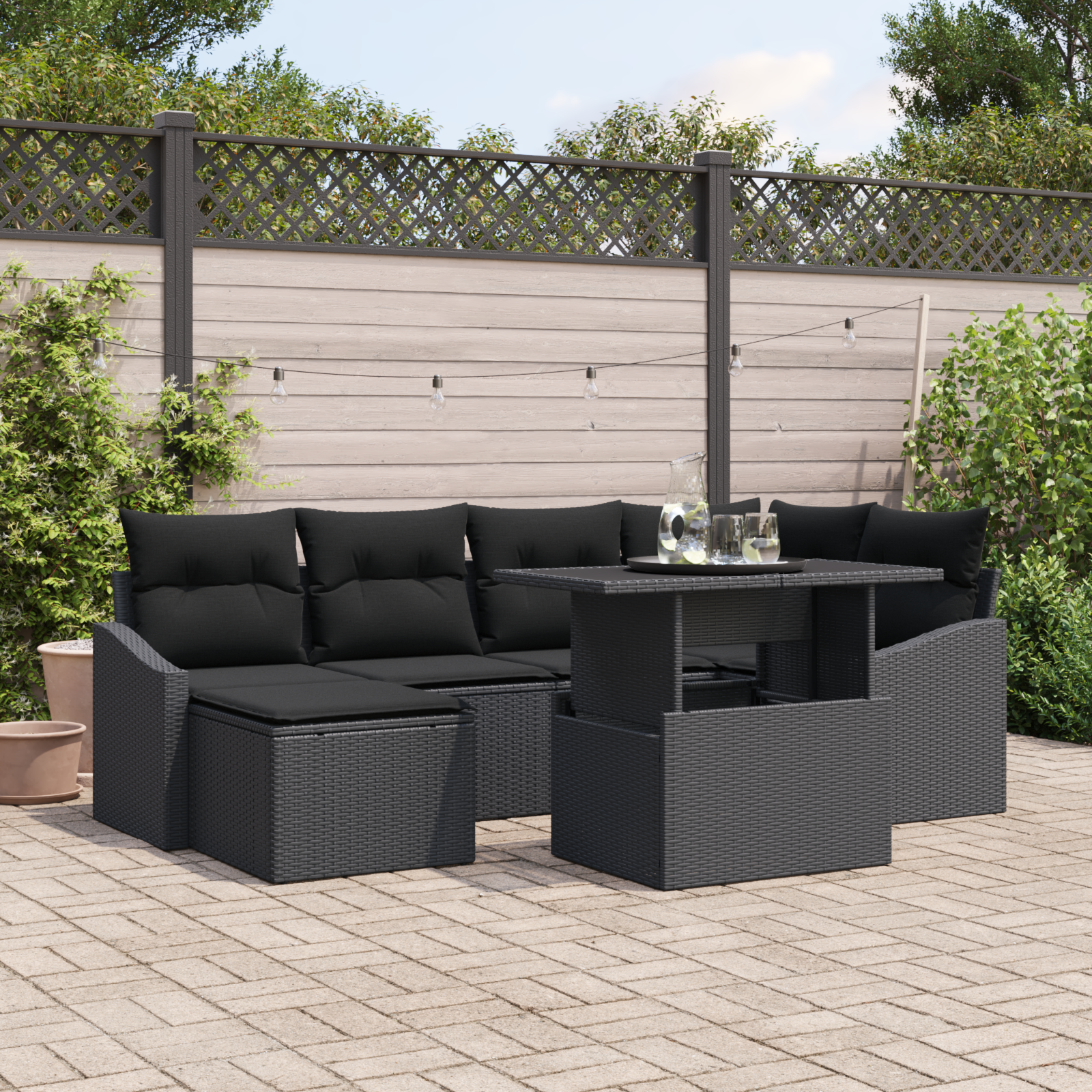 Set di Divani da Giardino 7 Pezzi con Cuscini Rattan Nero Polirattan