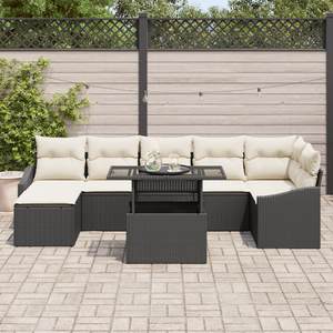 Set da Giardino 8 Pezzi con Cuscini in Polyrattan Nero