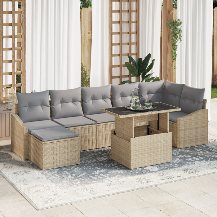 Set di Divani da Giardino a 8 Pezzi con Cuscini Beige in Rattan Polietilene