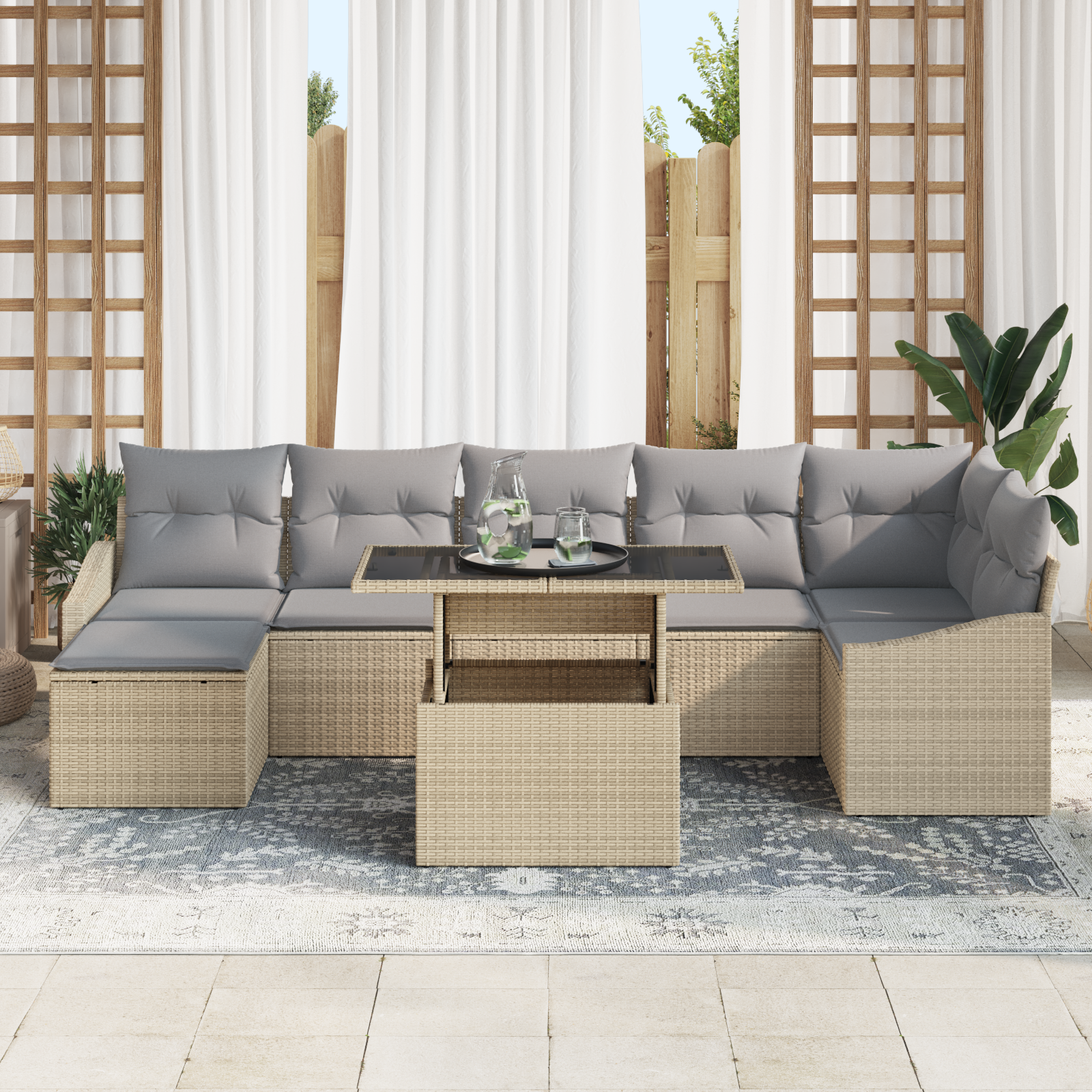 Set di Divani da Giardino a 8 Pezzi con Cuscini Beige in Rattan Polietilene