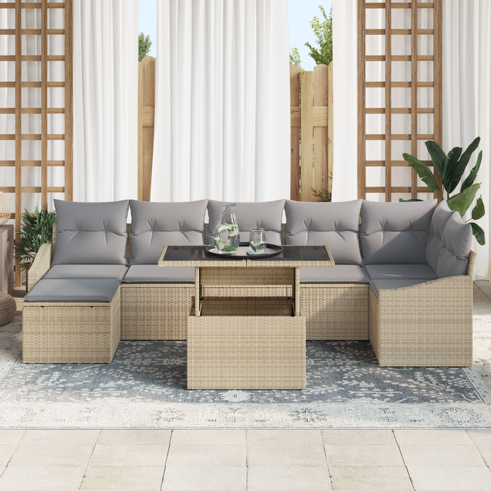 Set di Divani da Giardino a 8 Pezzi con Cuscini Beige in Rattan Polietilene