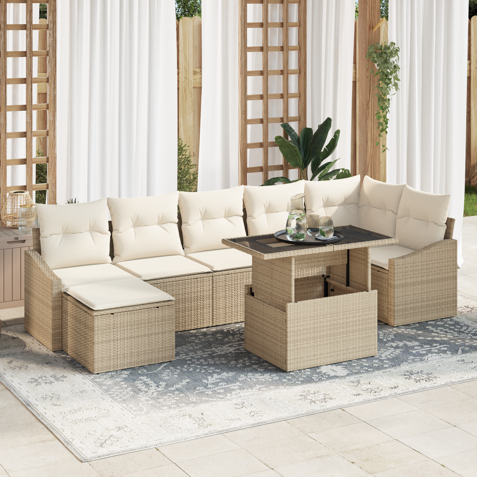 Set divani giardino 8 pezzi con cuscini beige in rattan sintetico