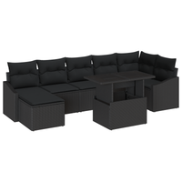Set di divano da giardino 8 pezzi con cuscini in polyrattan nero