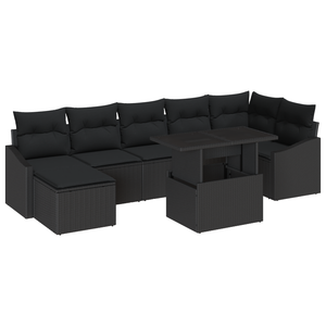 Set di divano da giardino 8 pezzi con cuscini in polyrattan nero