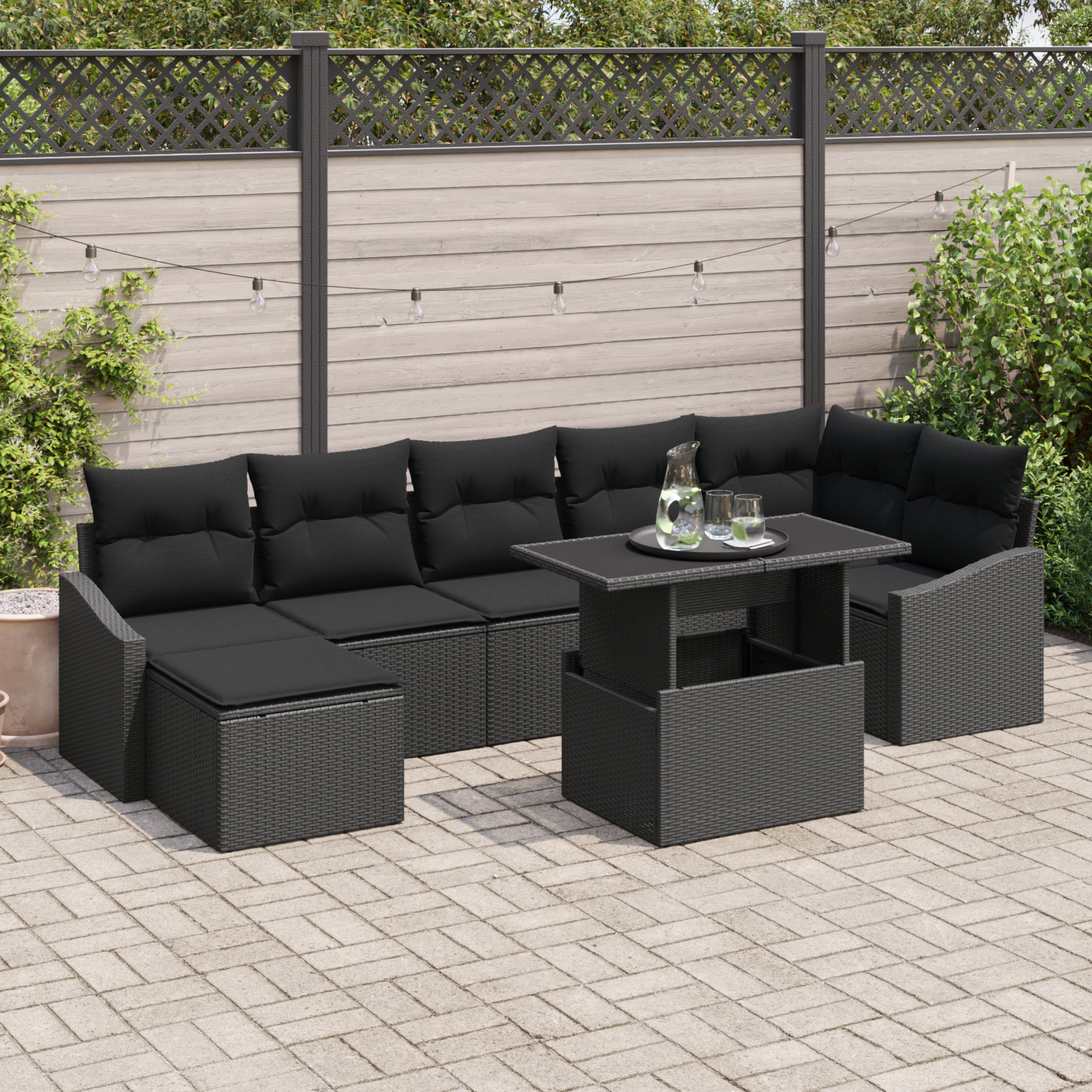Set di divano da giardino 8 pezzi con cuscini in polyrattan nero