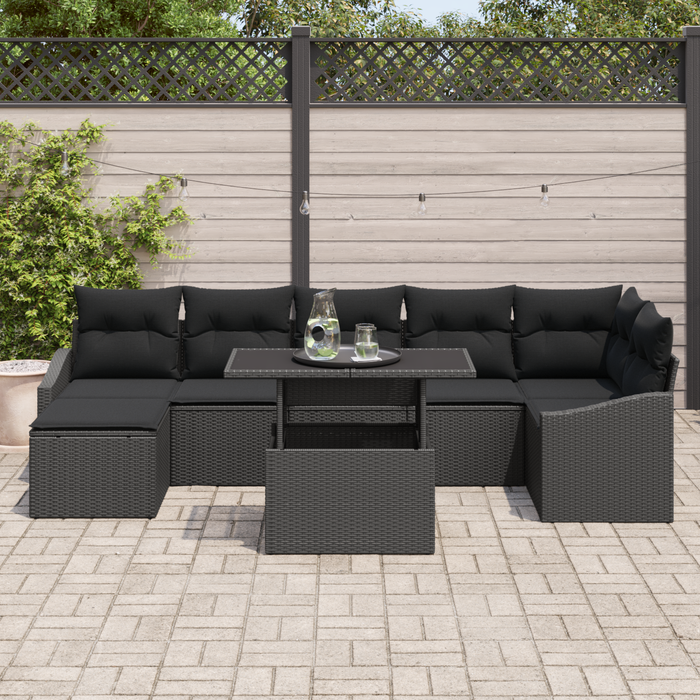 Set di divano da giardino 8 pezzi con cuscini in polyrattan nero