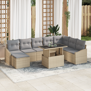 Set di 9 Pezzi di Divani da Giardino con Cuscini Beige in Rattan Poly