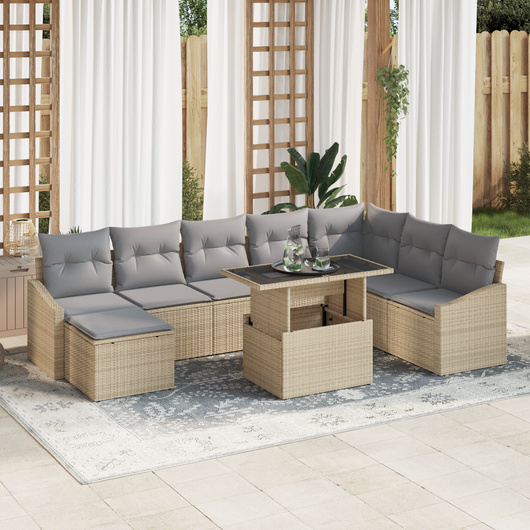Set di 9 Pezzi di Divani da Giardino con Cuscini Beige in Rattan Poly