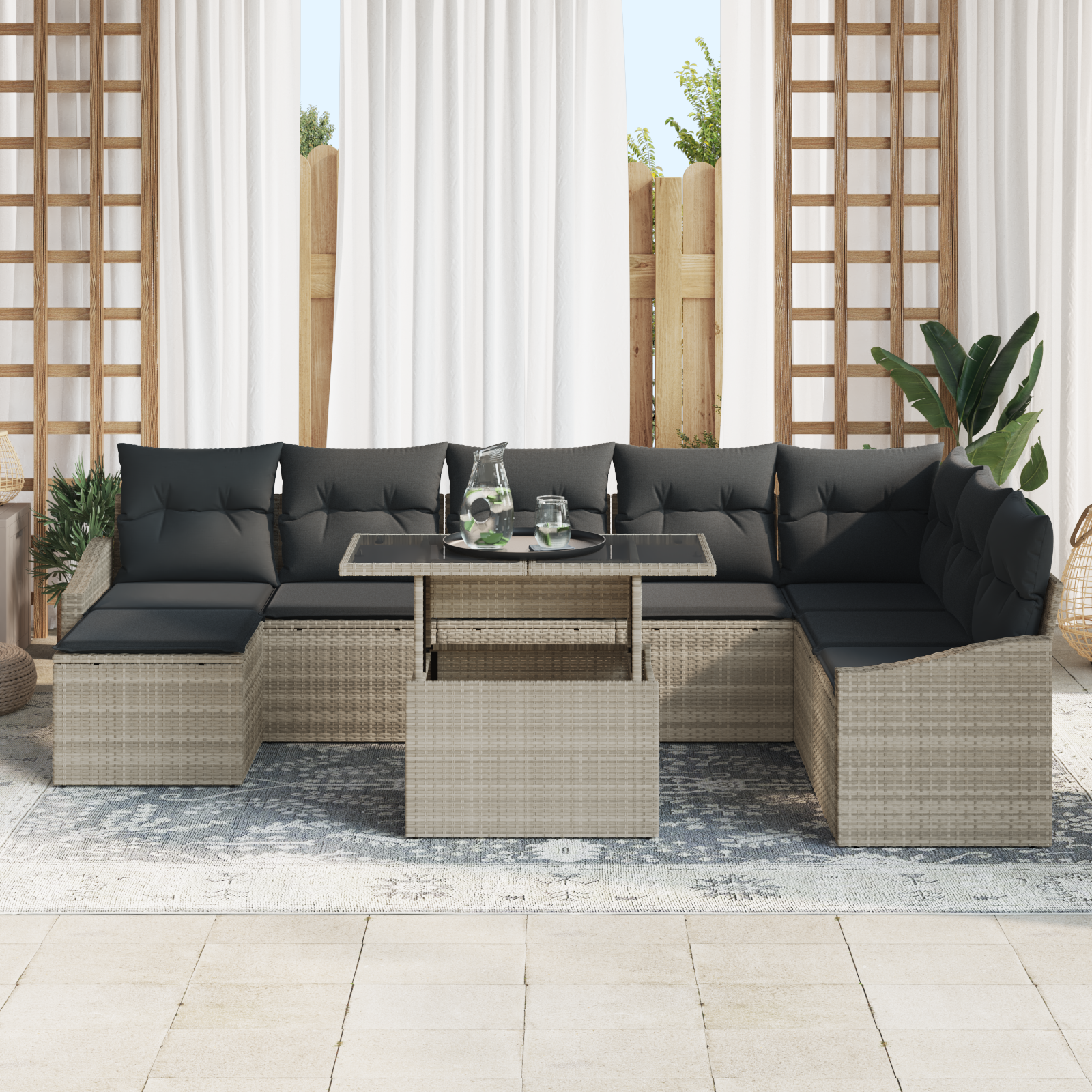 Set di divani da giardino 9 pezzi con cuscini Grigio Chiaro Polyrattan