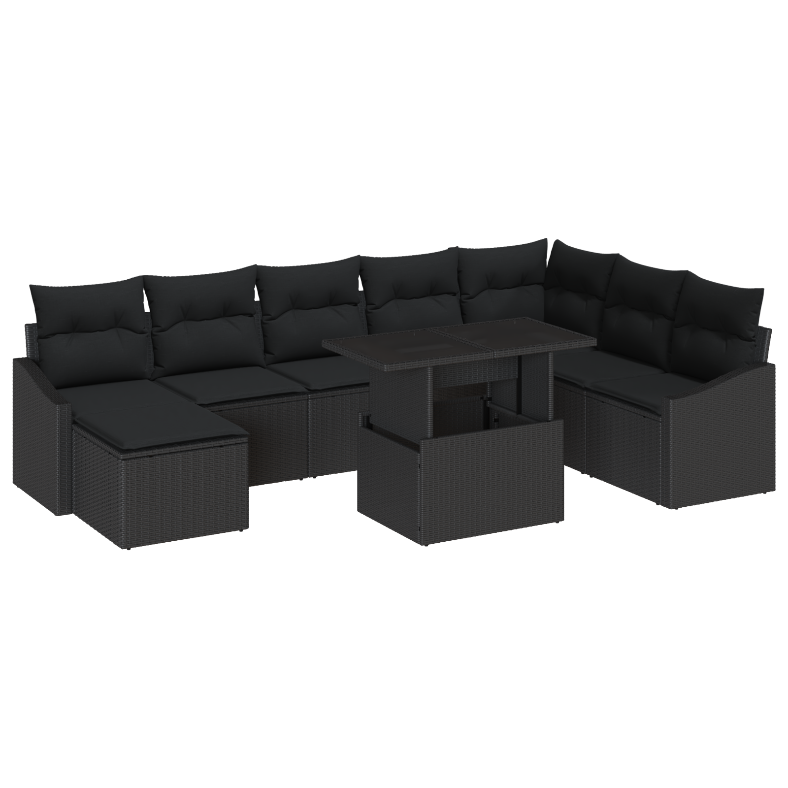 Set Divano da Giardino da 9 Pezzi con Cuscini Nero in Polyrattan
