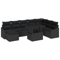 Set Divano da Giardino da 9 Pezzi con Cuscini Nero in Polyrattan