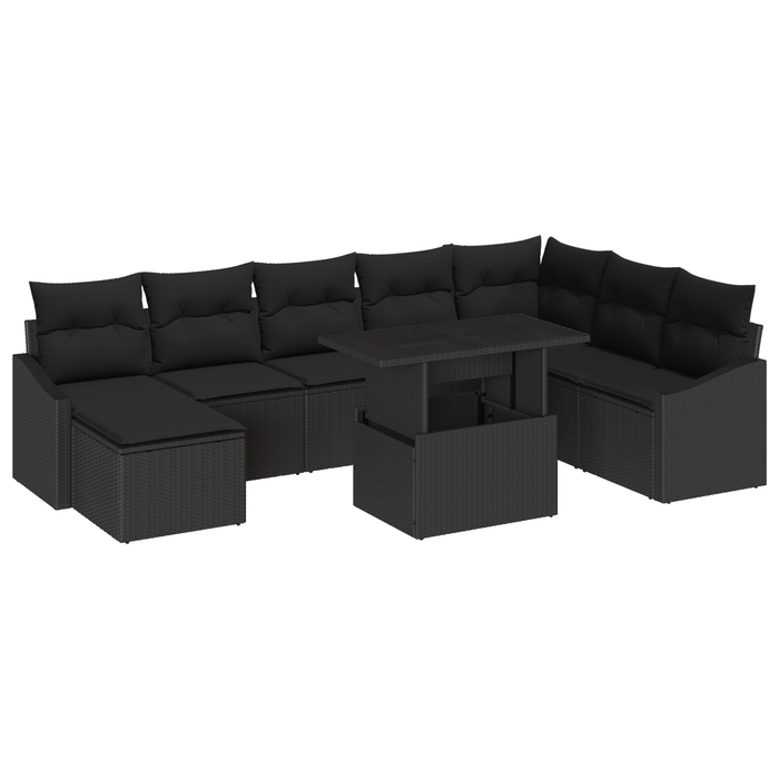 Set Divano da Giardino da 9 Pezzi con Cuscini Nero in Polyrattan