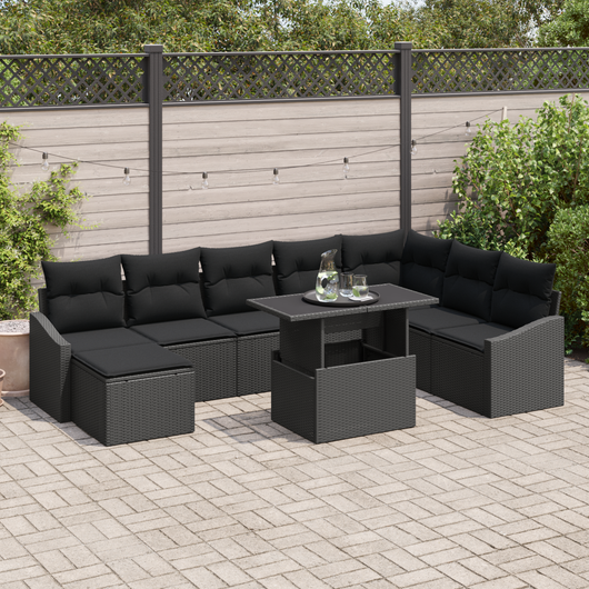 Set Divano da Giardino da 9 Pezzi con Cuscini Nero in Polyrattan