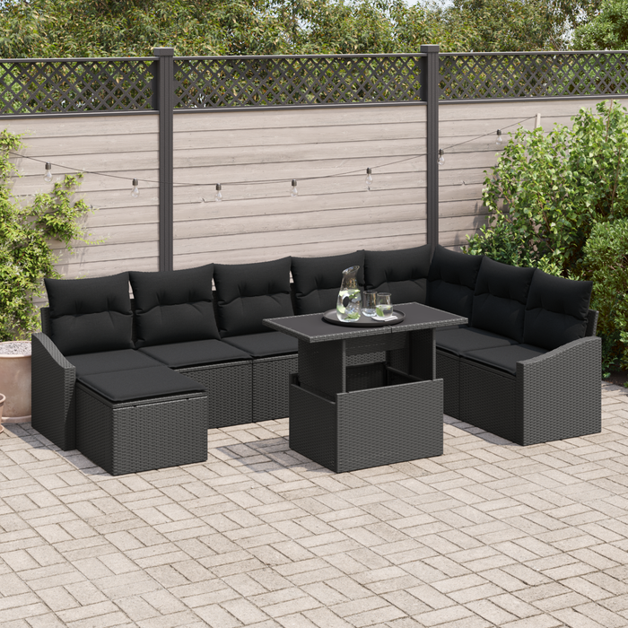 Set Divano da Giardino da 9 Pezzi con Cuscini Nero in Polyrattan