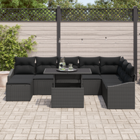 Set Divano da Giardino da 9 Pezzi con Cuscini Nero in Polyrattan
