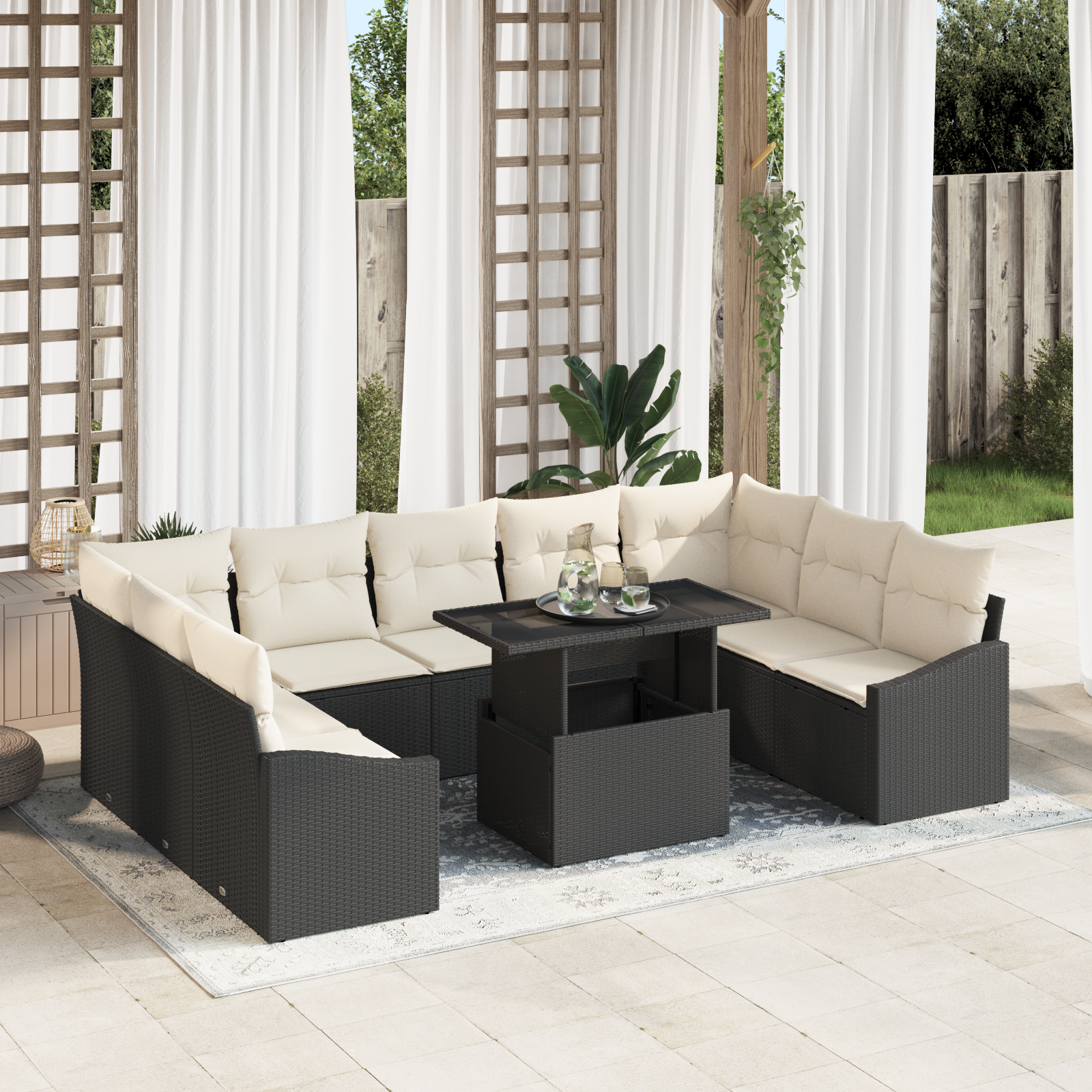 Set di Divani da Giardino 10 Pezzi con Cuscini Nero Polyrattan