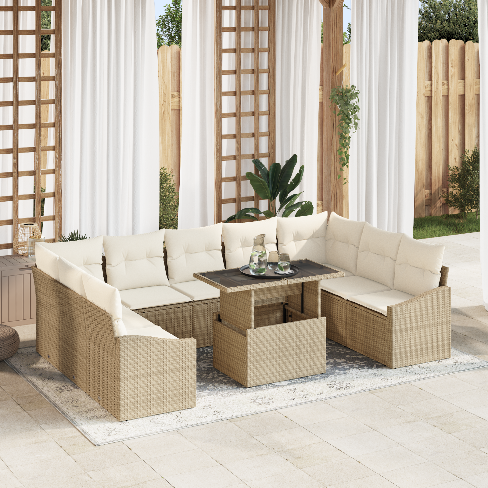Set Divani Giardino 10 Pezzi con Cuscini Beige in Rattan Polietilene