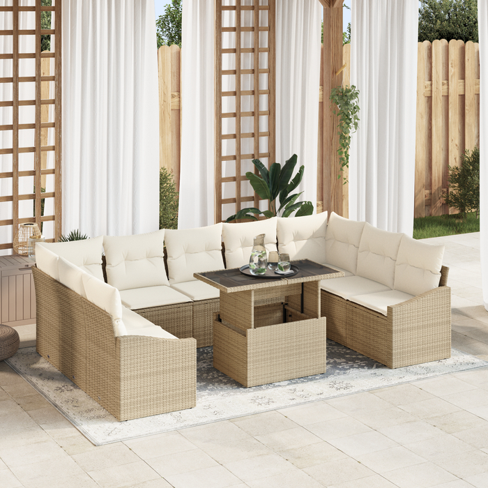 Set Divani Giardino 10 Pezzi con Cuscini Beige in Rattan Polietilene