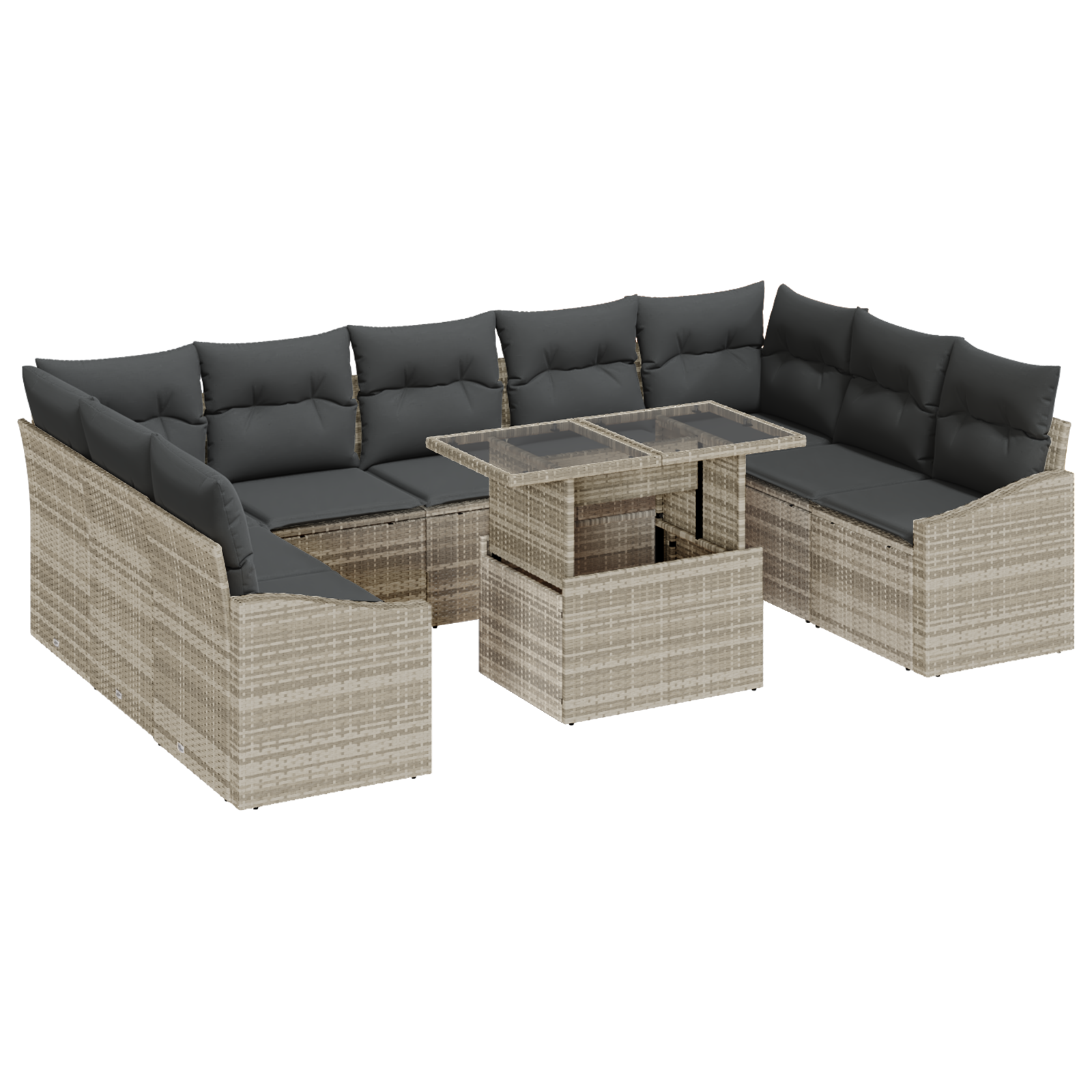 Set di divani da giardino da 10 pezzi con cuscini grigio chiaro in polyrattan