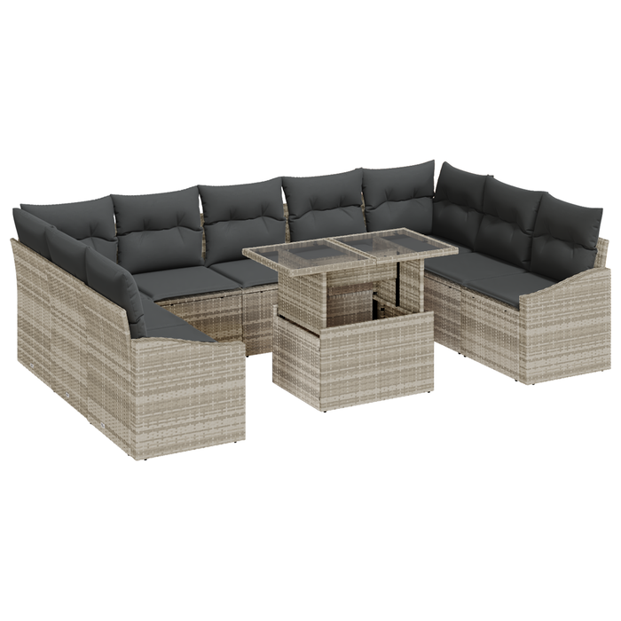 Set di divani da giardino da 10 pezzi con cuscini grigio chiaro in polyrattan