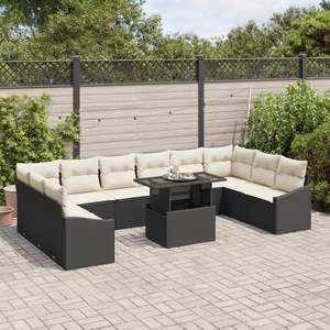 Set Divano da Giardino 11 Pezzi con Cuscini Polyrattan Nero