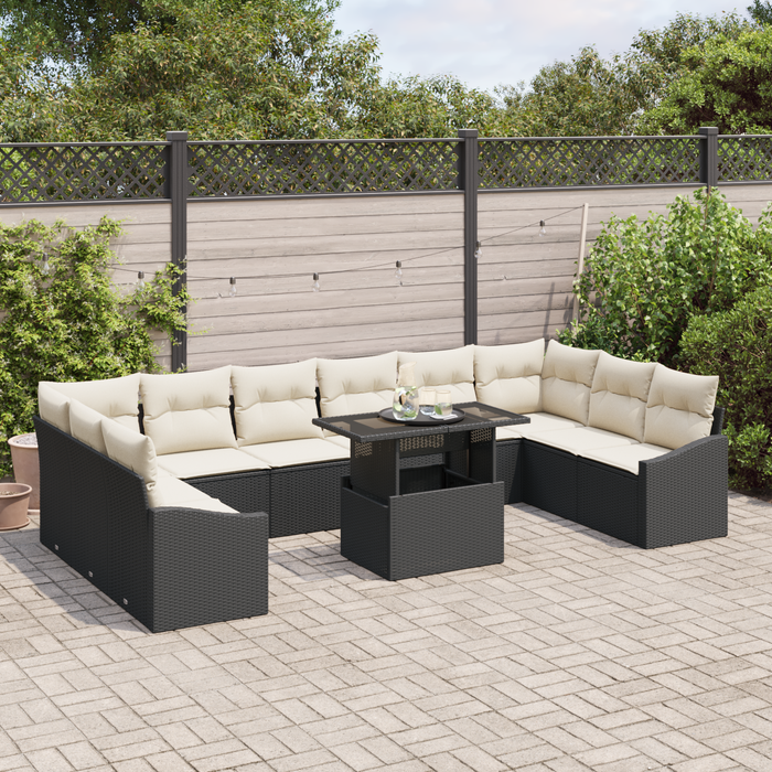 Set Divano da Giardino 11 Pezzi con Cuscini Polyrattan Nero