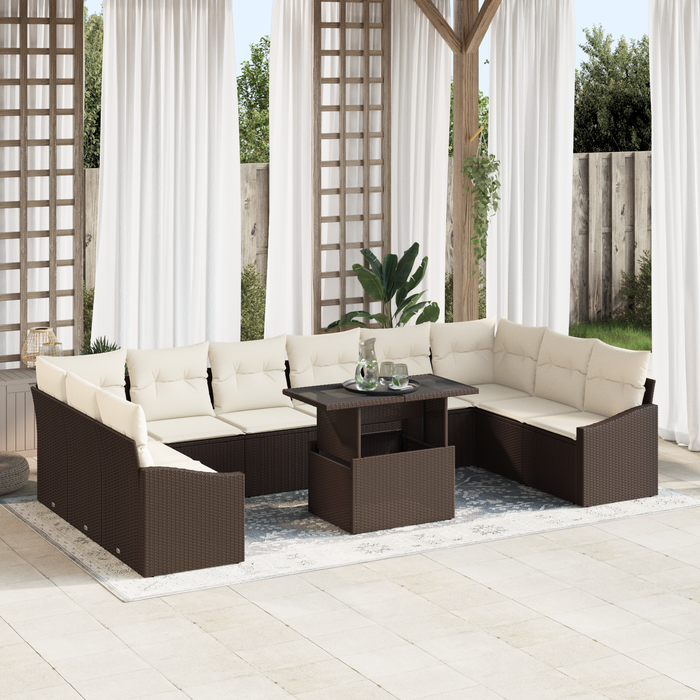 Set di Divani da Giardino da 11 Pezzi con Cuscini in Polyrattan Marrone