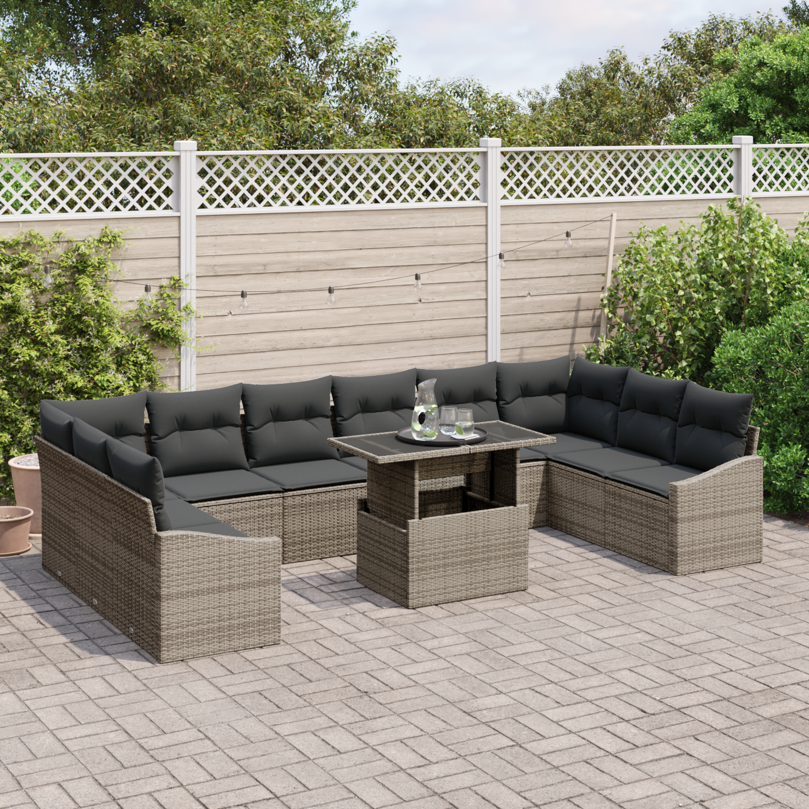 Set Divano da Giardino 11 Pezzi con Cuscini Grigio Polirattan